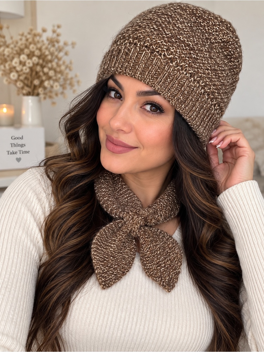 NEW Handmade Beanie, Scarf & Headband Women's Size OS Brown Knit 3-Piece Set